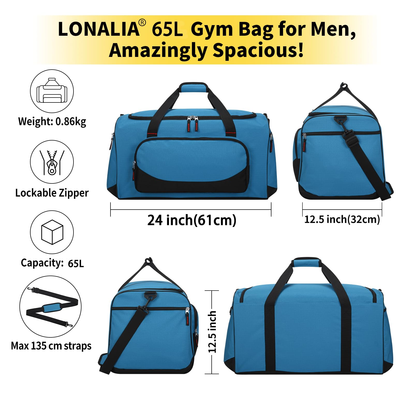 Borsone sportivo, 65l-blu, 65L-24inch, LONALIA Borsone sportivo da palestra