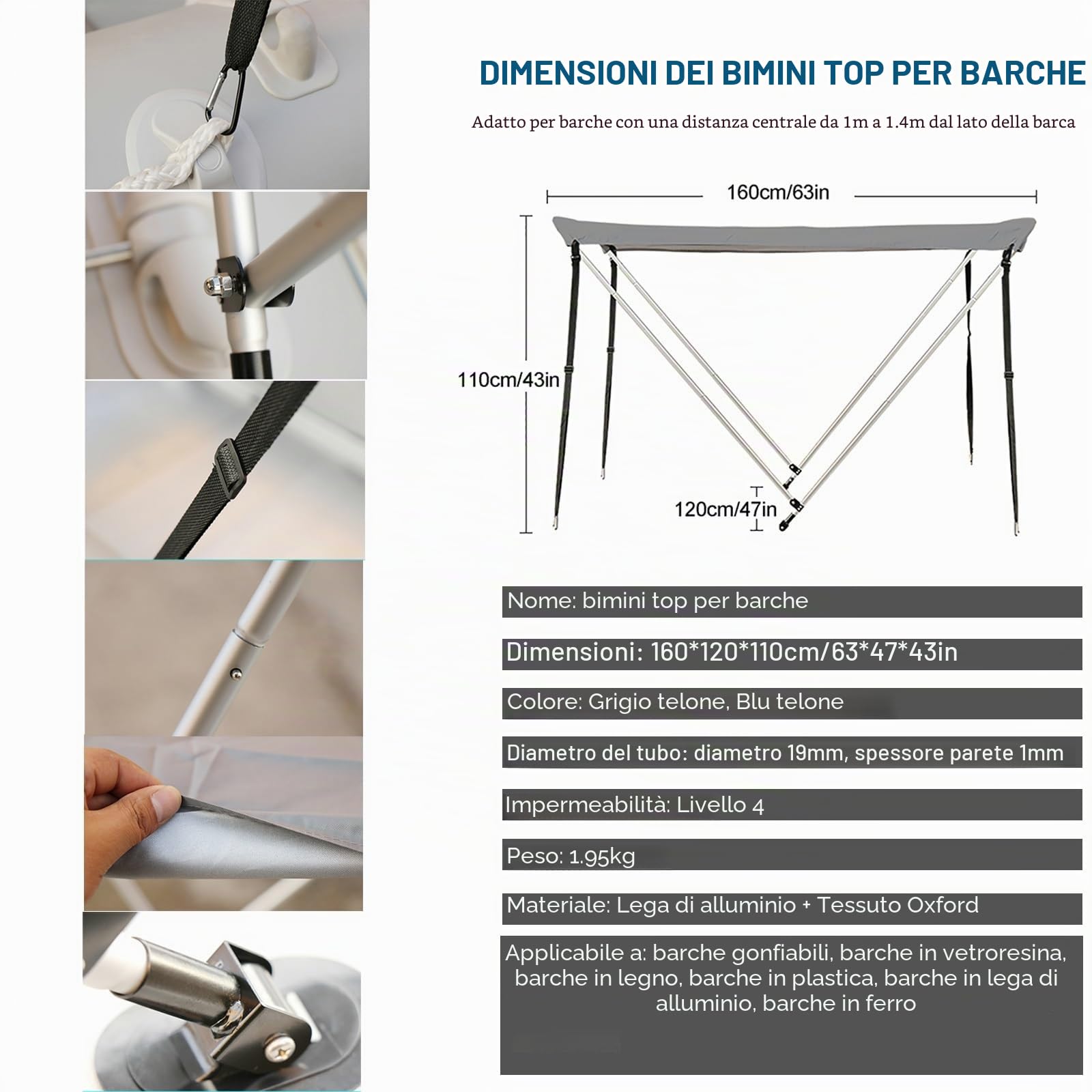 Tendalino Barca 2 Archi, con Telaio in Lega di Alluminio e Capote in Oxford, Impermeabile e Parasole, Telone Protezione Accessori