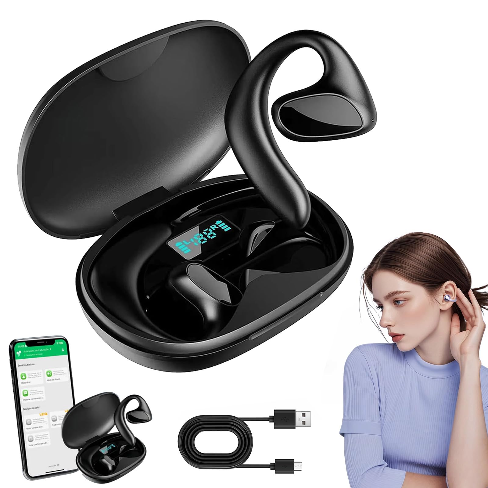 Talkbuds Auriculares con traducción Ai en tiempo real, 144 idiomas y acentos, traductor bidireccional, auriculares Bluetooth, auriculares impermeables IPX5, controles táctiles, para