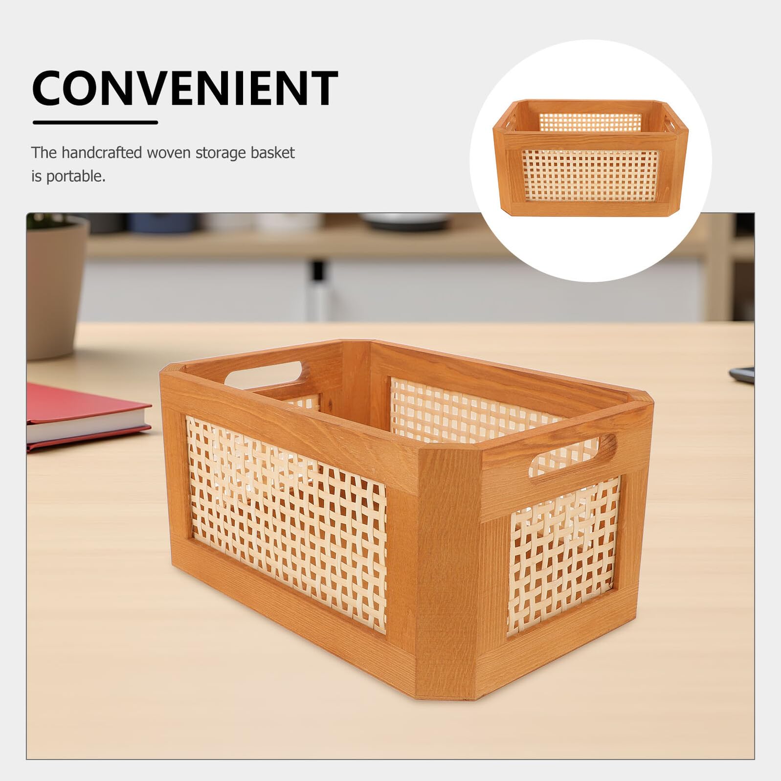 Geflochtener Aufbewahrungskorb aus Rattan Mittlerer Retro Organizer mit Griff Atmungsaktives Hohles Design für Bad Schlafzimmer und Büro 30 X 20 X 14cm
