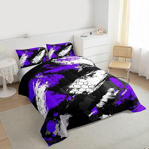 Miniatura 3 de Juego de edredón de panal de abeja, juego de ropa de cama de camuflaje negro y morado, geométrico, ejército, edredón de plumón abstracto, colmena