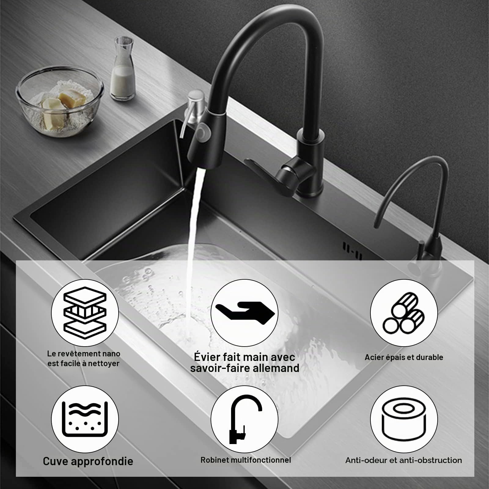 Évier Cuisine Noir en Acier Inoxydable 60 * 45CM, Évier Simple avec Robinet Extensible, Distributeur de Savon et Panier égouttoir avec Robinet Rétractable Panier Distributeur de Savon