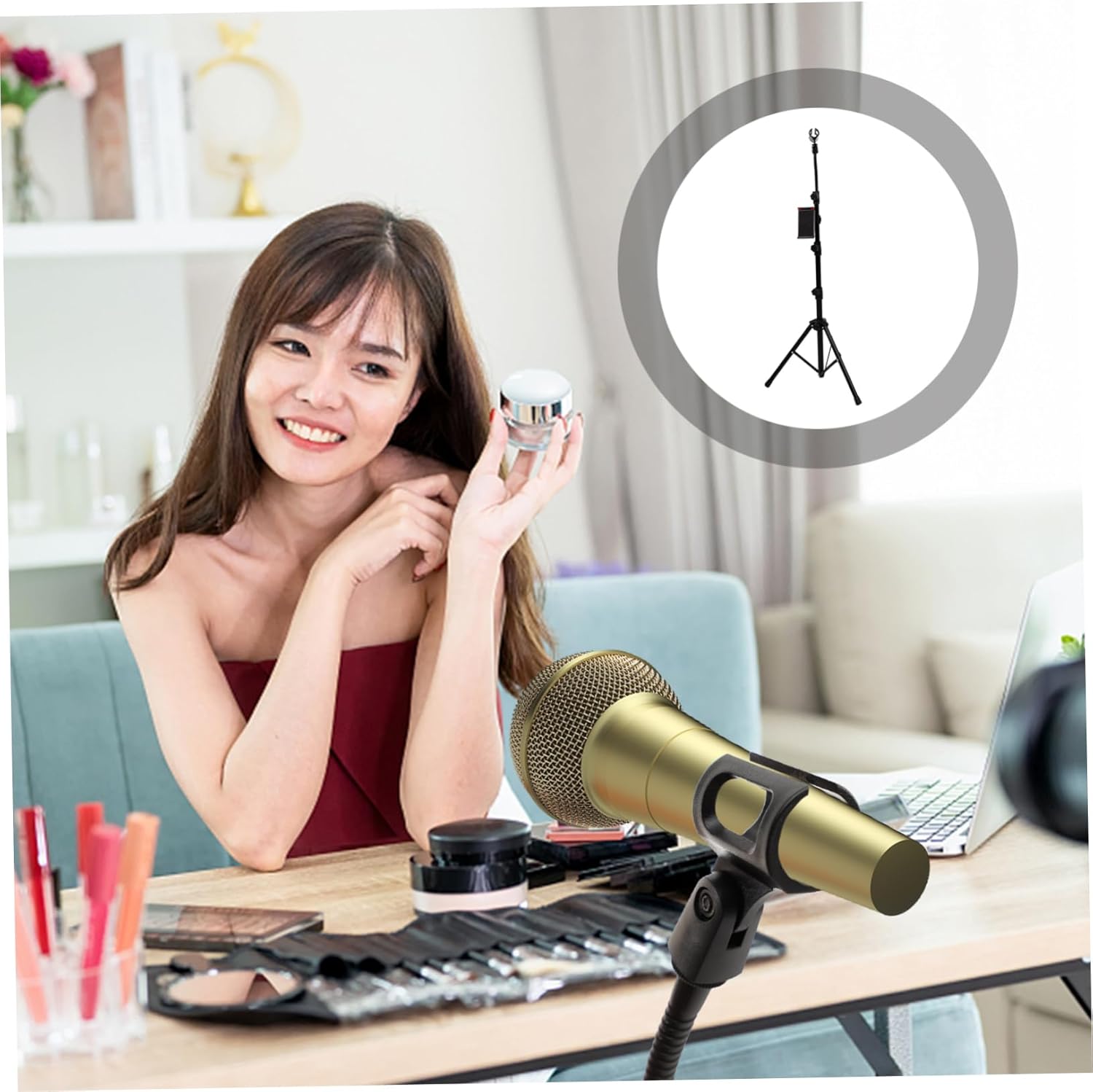 1set Adjustable Tripod Microphone Stand for Studio Stage Live Events Durable and Design Non-slip Base Compatible Microphones Includes Carry Bag
