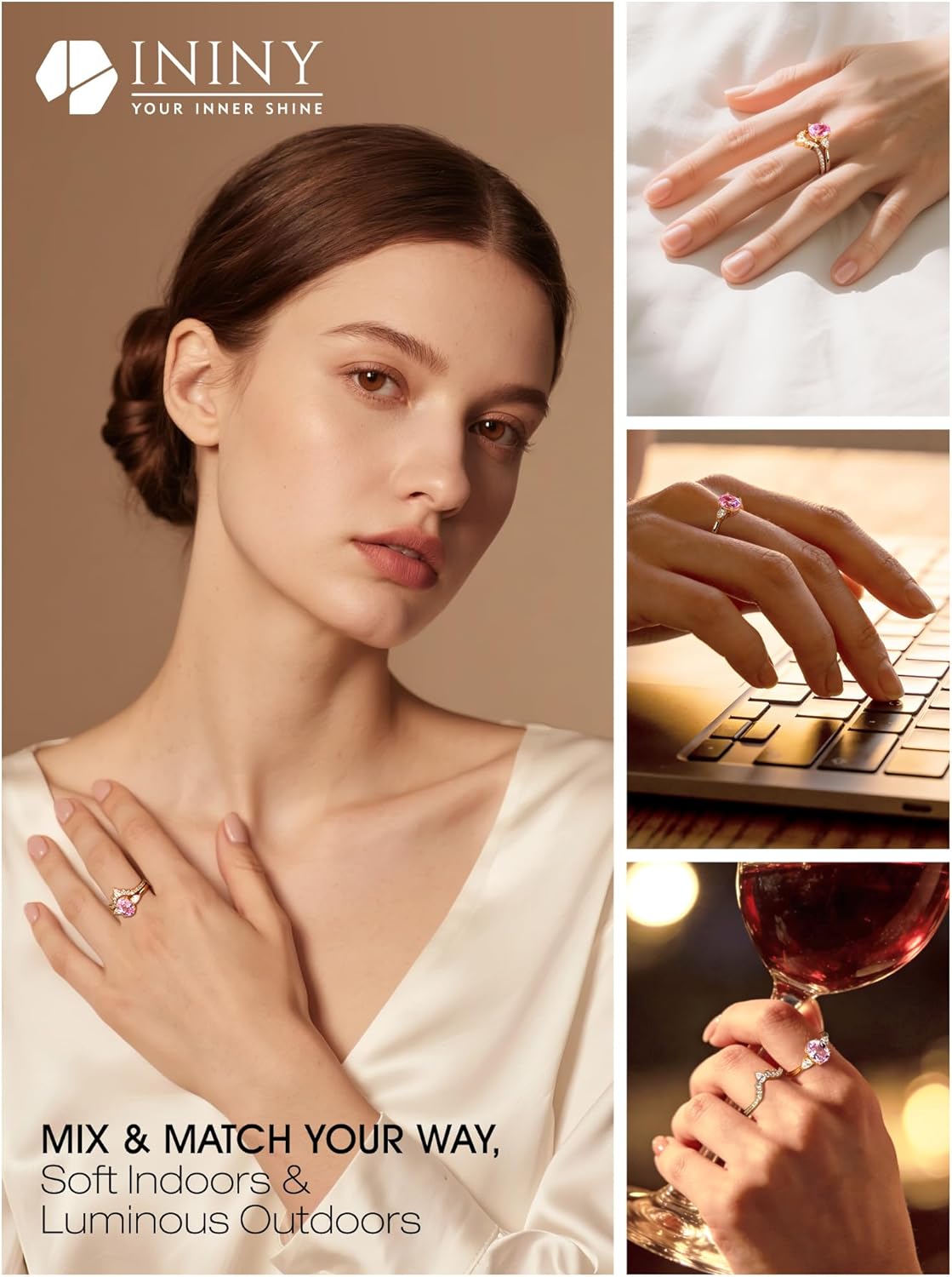 Certified 3CT Lab Grown Intense Pink Sapphire Ring Set, 3-Stone Ring with Crown Tiara Band, 14K Gold Plated Stackable Rings for Women, Anniversary Promise Conflict-Free Jewelry Gift with Certificate & Box - Image 4