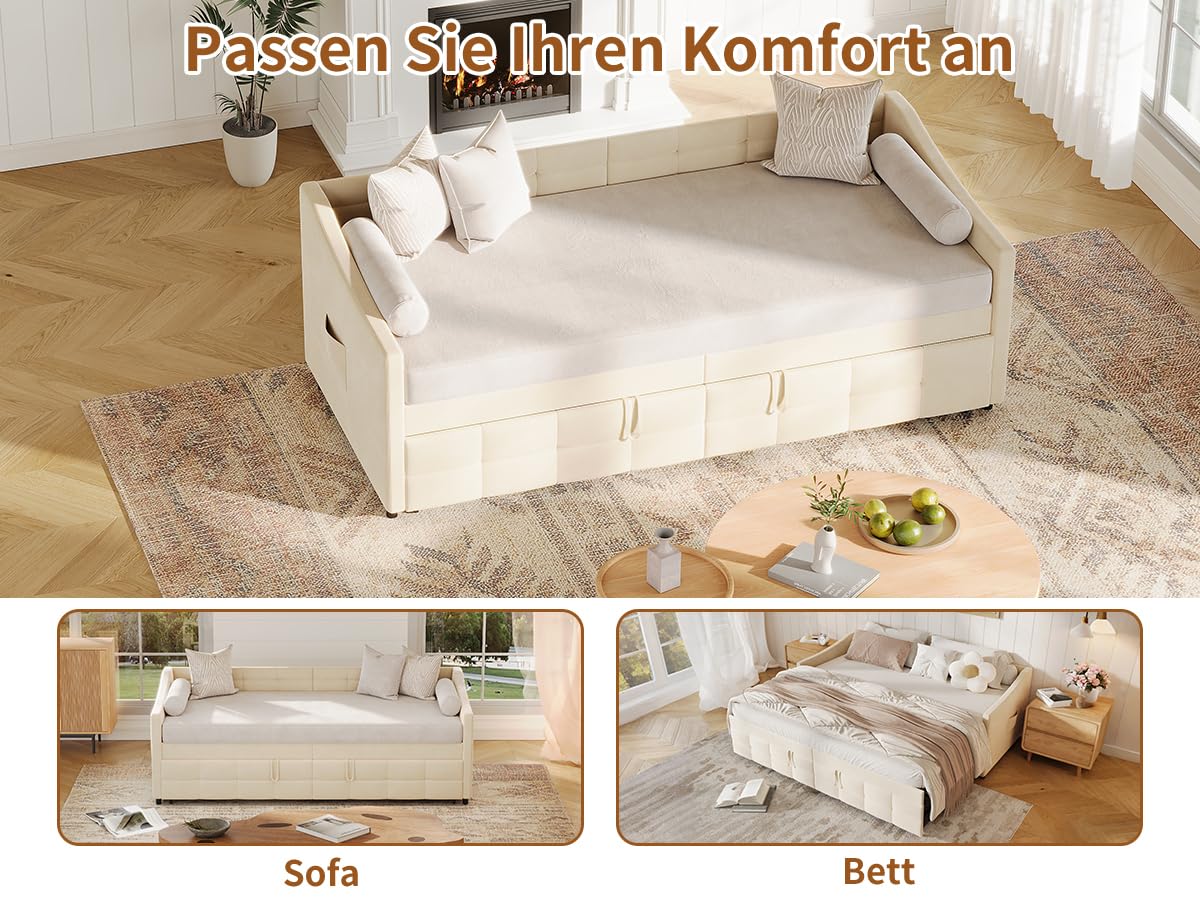 MOTUZP Divano Letto Convertibile, Estensibile Divano Letto 90/180 x 200 cm, Design Salvaspazio con Rete a Doghe, Letto Singolo o Matrimoniale, Velluto Beige