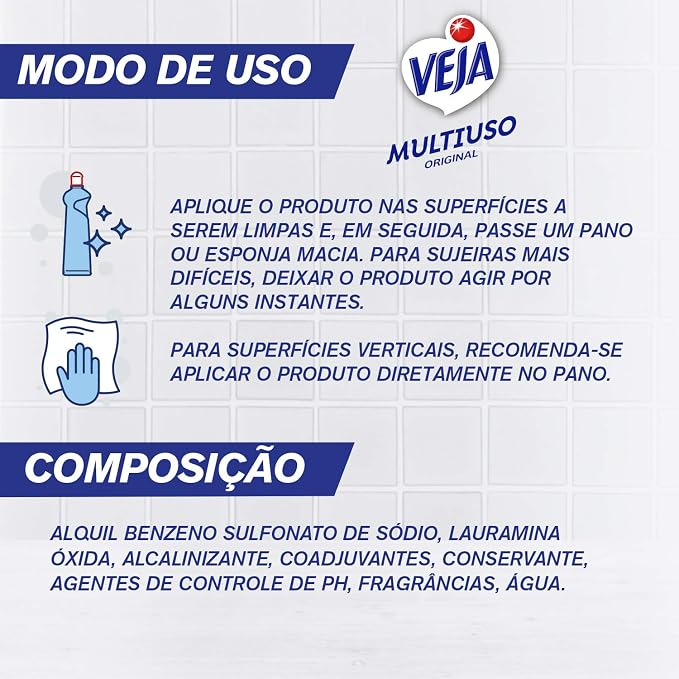 Informações de uso e composição do produto de limpeza multiuso Veja