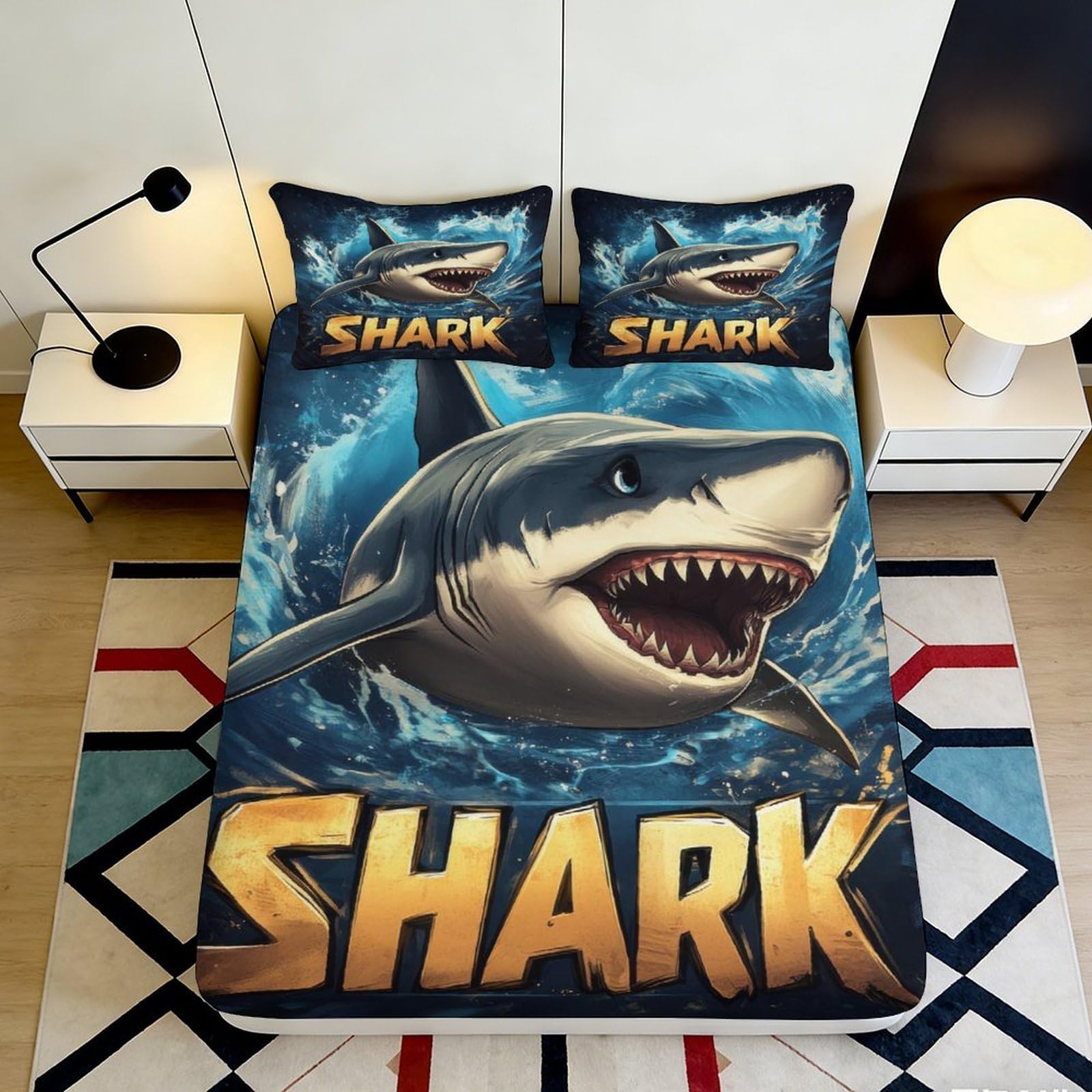 3D Printed Shark Ocean Fitted Sheet Microfiber Soft Mattress Cover for Bedroom Guest Room Dorm Decor 160x200x25cm