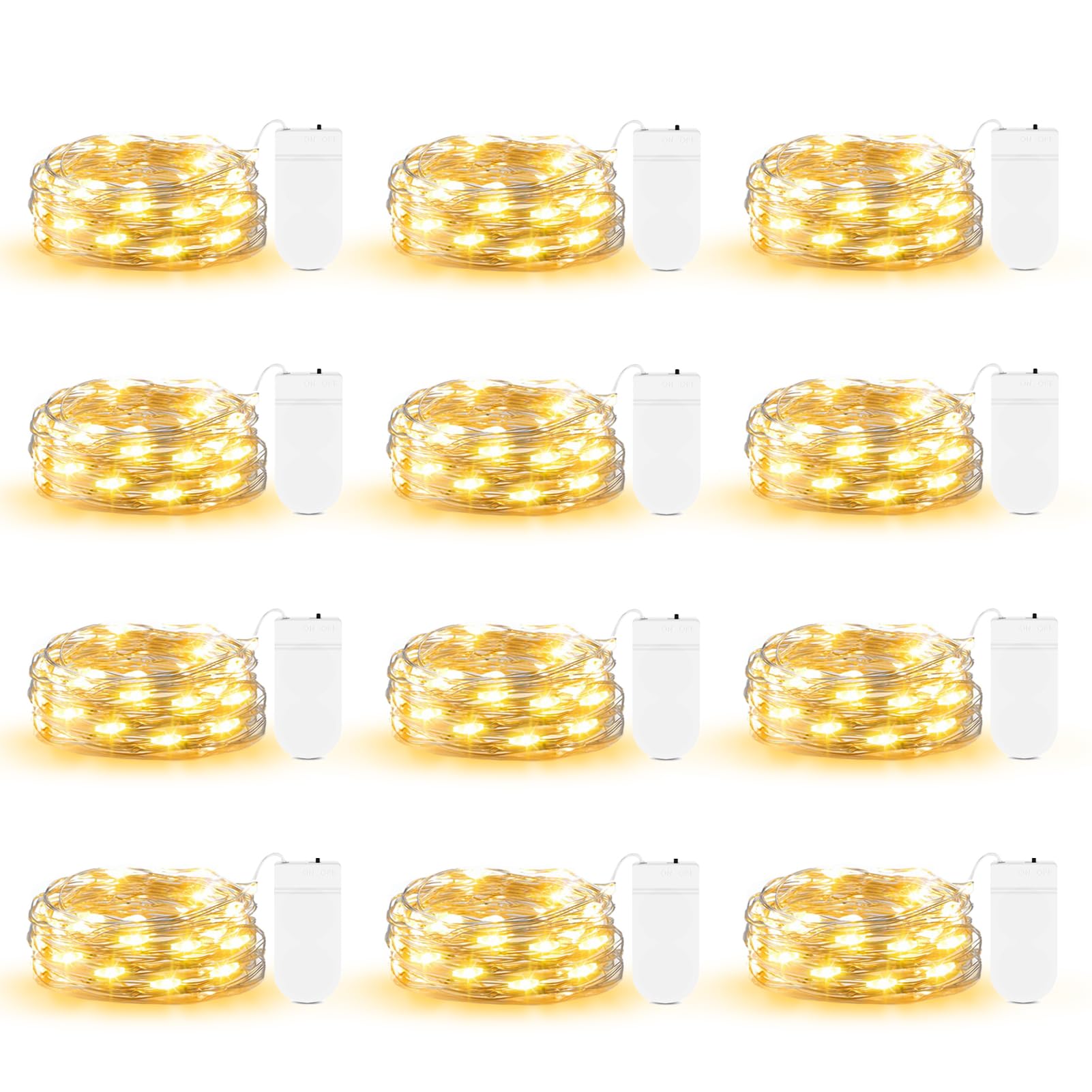 ZAIYW 12 Pack Battery Fairy Lights, 2m 20 LED Micro Fairy Lights, Sliver Wire String Lights Waterproof for Mason Jars DIY Party Wedding Christmas Table Decoration (Warm White)