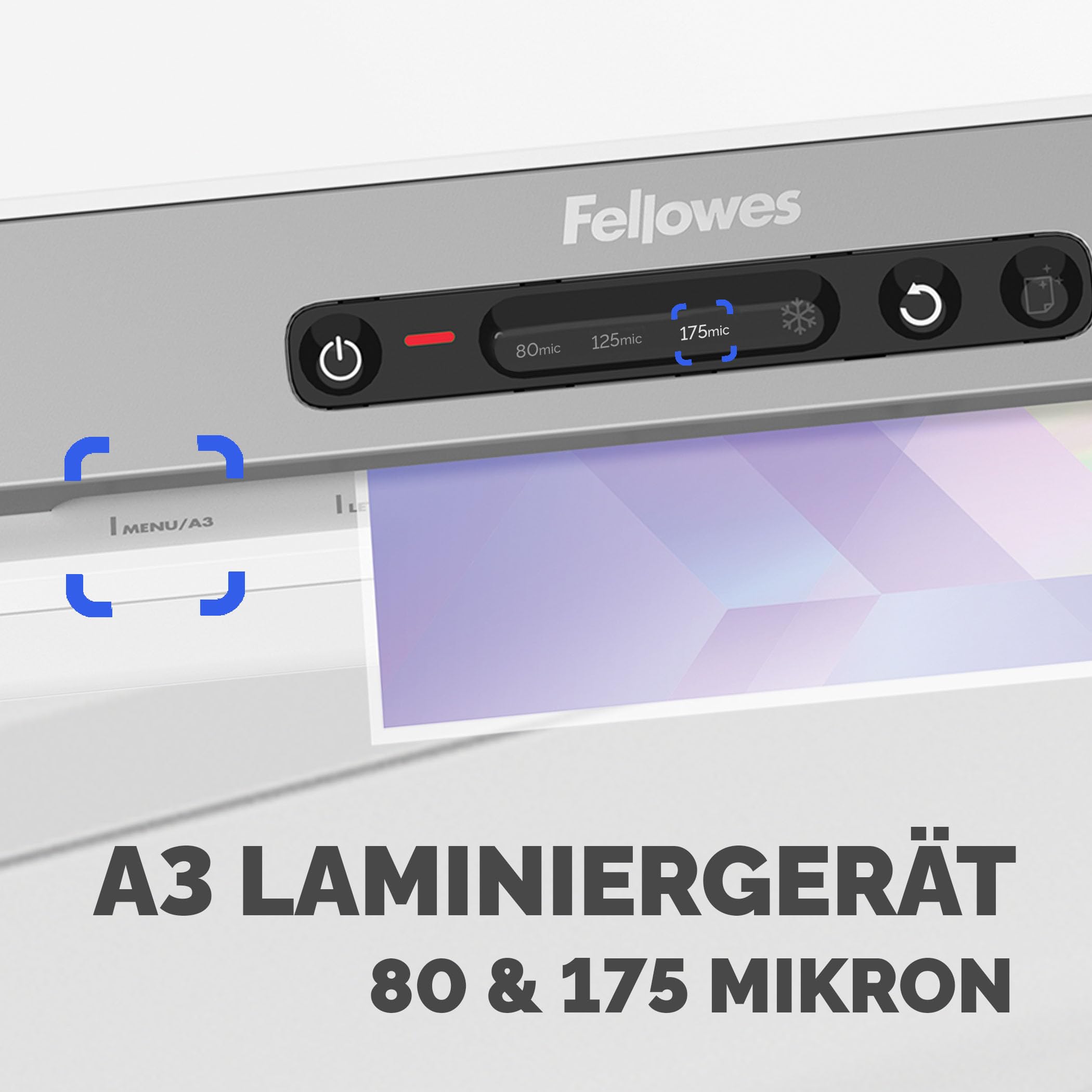 Fellowes Laminiergerät Amaris A3 - für Büro/Schule/Zuhause - nur 1 Minute Aufwärmzeit - für Heißlaminierfolien von 80-175mic - mit Rücklauf-Funktion - inkl. Starterset für 10 Laminationen