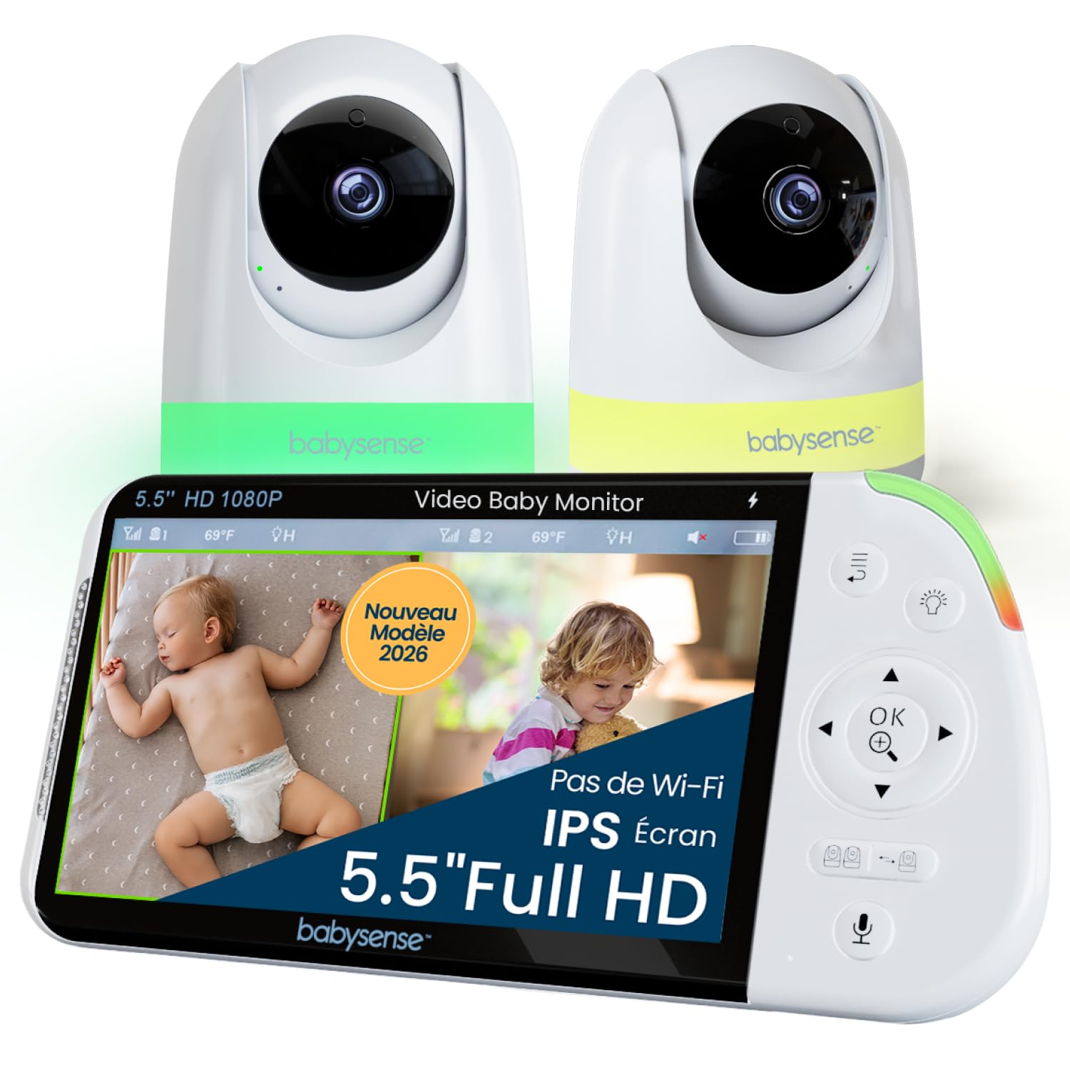 Babysense - Moniteur bébé Full HD écran partagé - Avec 2 caméras - Veilleuse en 6 couleurs - Bruit et machine à lumière - Batterie de 20 heures - Connexion sécurisée sans WiFi