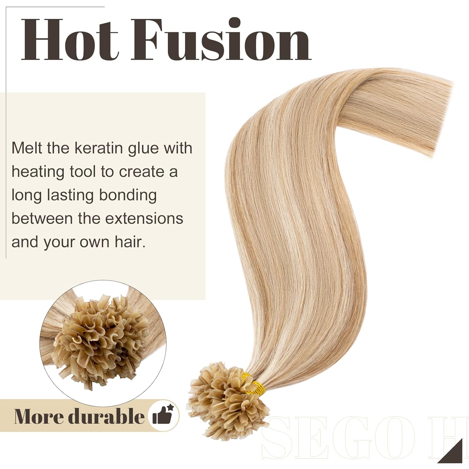SEGO U Tip Hair Extensions Human Hair Pre Bonded Keratin Fushion Nail Tip Human Hair Extensions 100% Real Remy Hair Silky Straight 100 Strands/Pack 50g 14 Inch Golden Brown&Bleach Blonde
