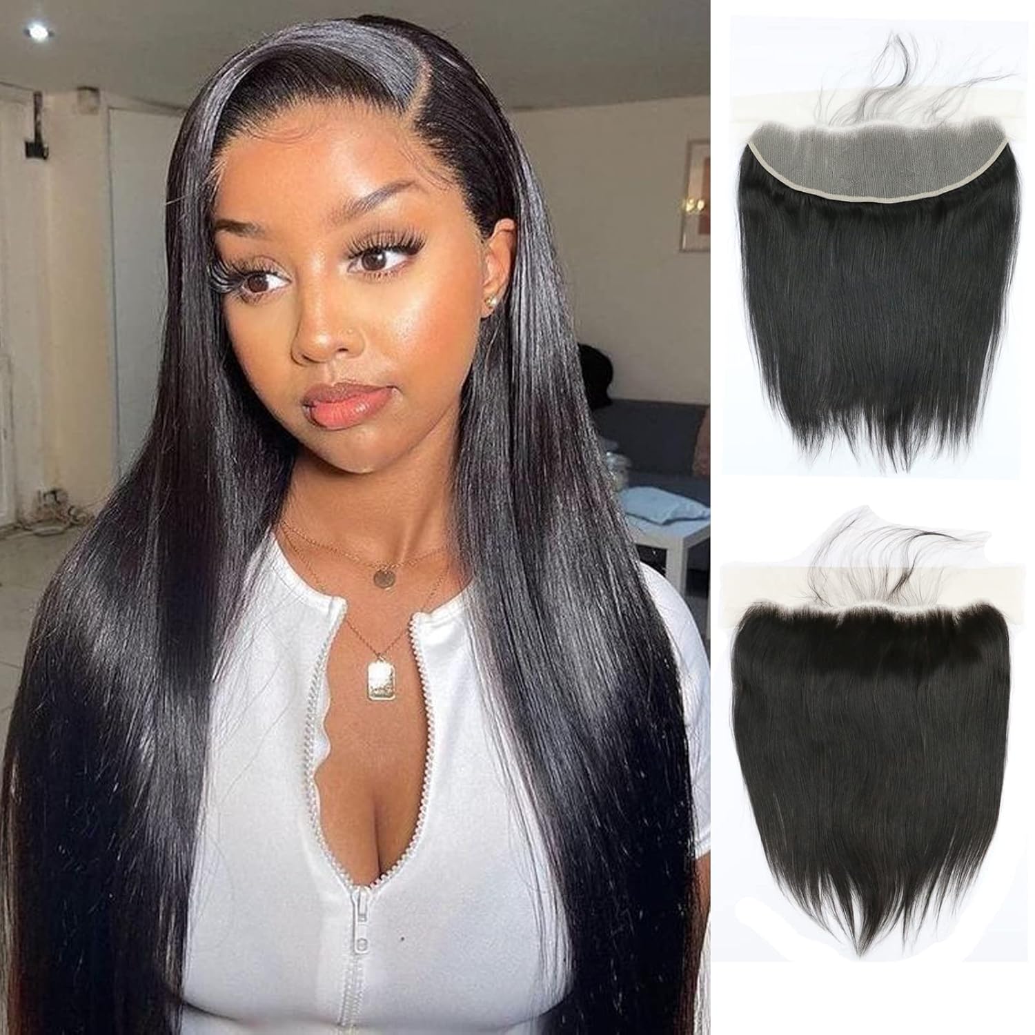 UNEED 13x4 Frontal HD Lace Frontal 18 Inch Straight Frontal Human Hair Transparent HD Closure 150% Density Natural Hairline Pre Plucked with Baby Hair Black Color 18 Inch 13x4 Straight Frontal