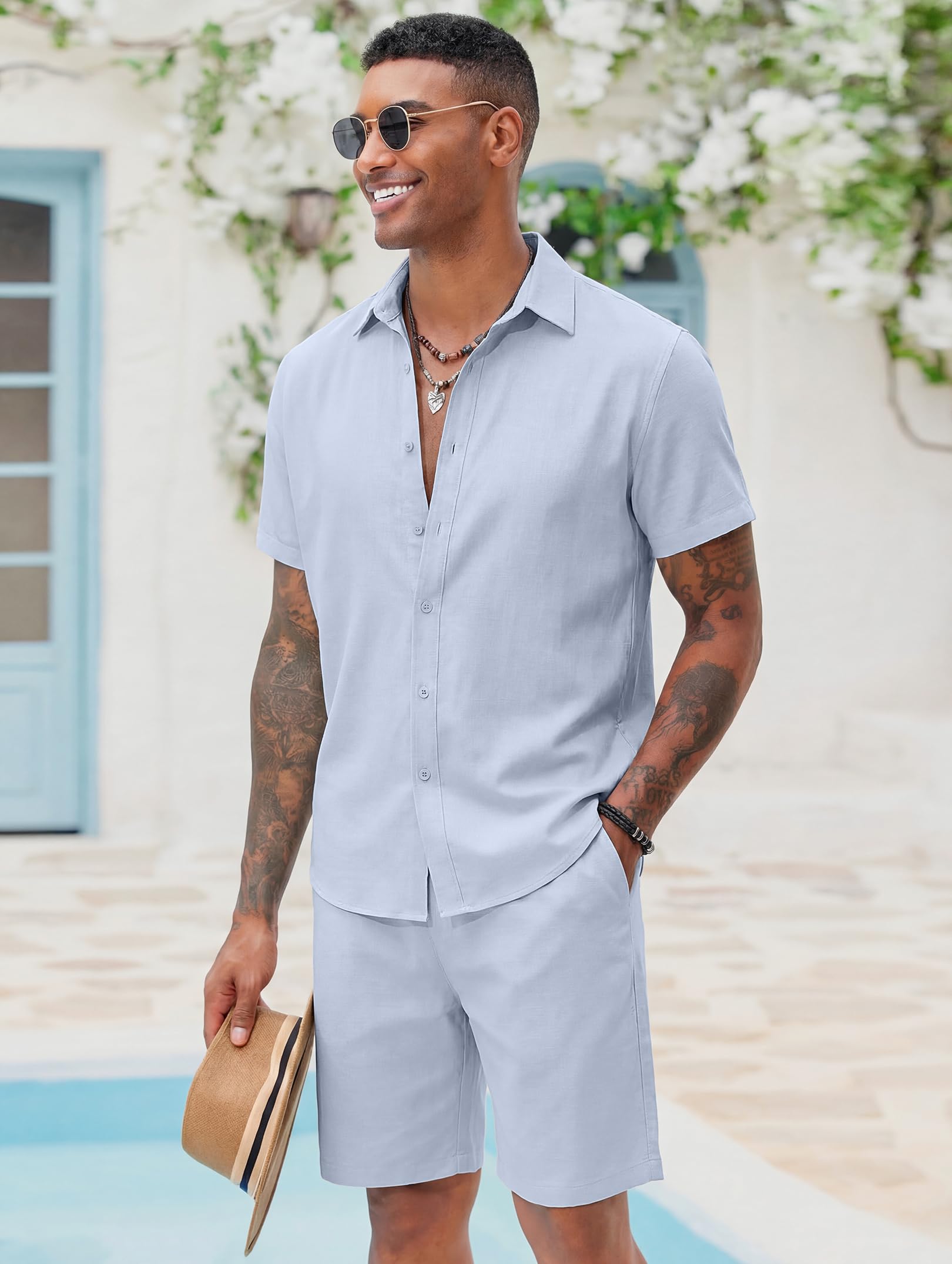 COOFANDY Herren Ztj009255b Button-Down-Shirt und kurze Sets (2er Pack)