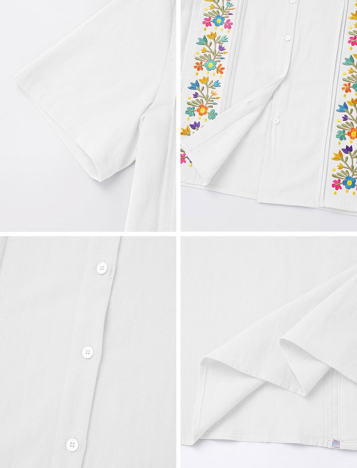 IKADEX Mexican Shirts for Men Traditional Men's Guayabera Dress Shirts Embroidered Button Down Cotton Tops Fiesta with Pocket A-White - Image 3