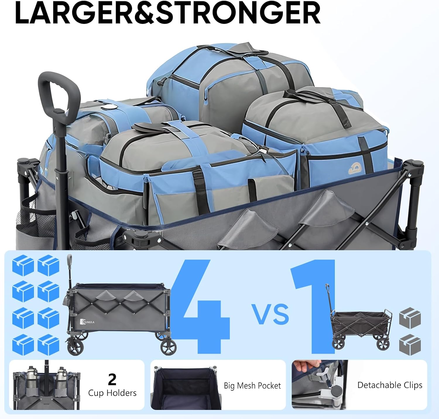 collapsible foldable wagon cart with 330lbs weight capacity, heavy duty folding wagon cart with big all-terrain wheels & drink holders. gray gray 350l with standard wheels