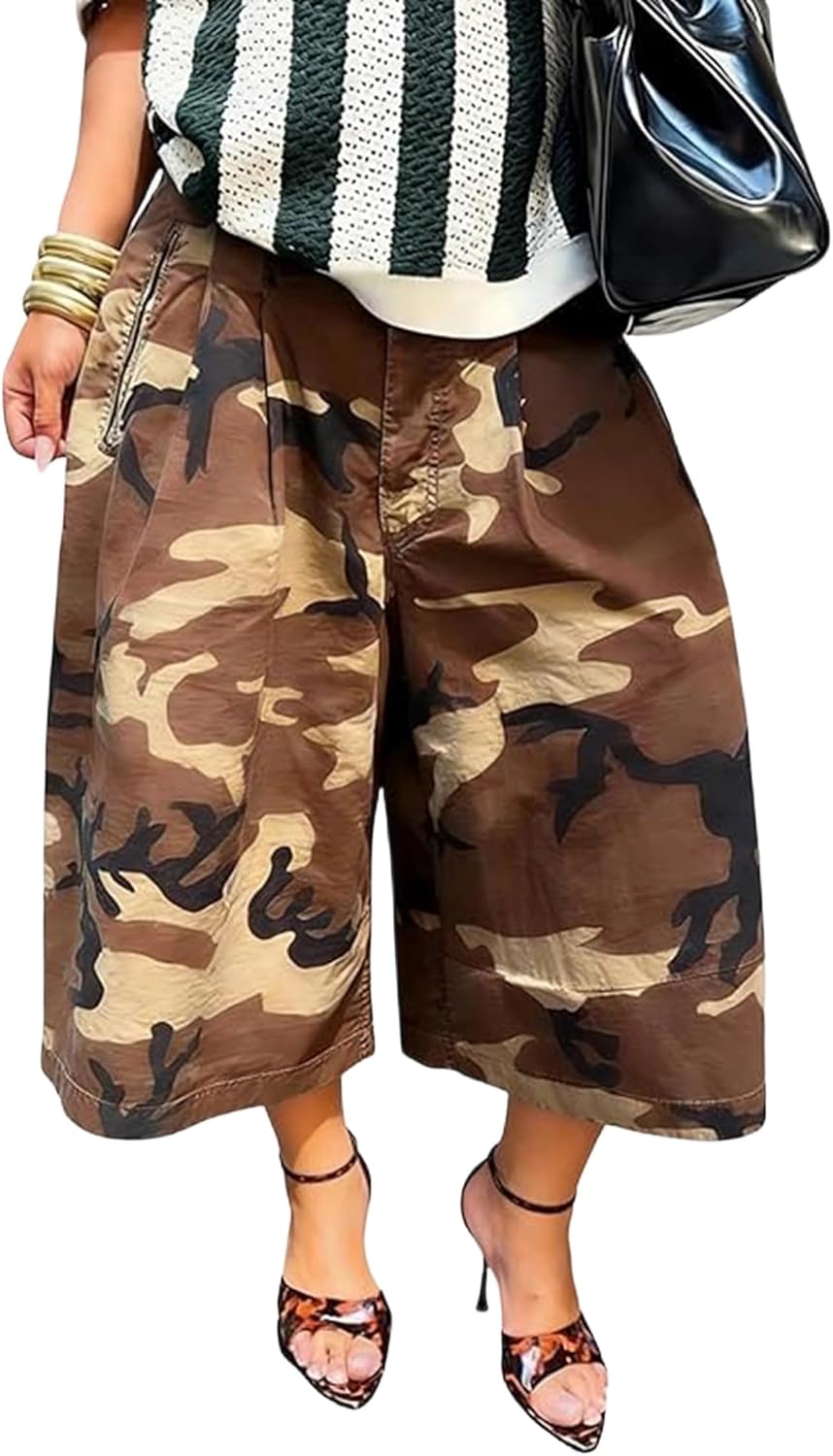 Women's Camo Barrel Jeans Baggy High Waist Wide Leg Cropped Cargo Denim Pants Plus Size Harem Capris Trendy