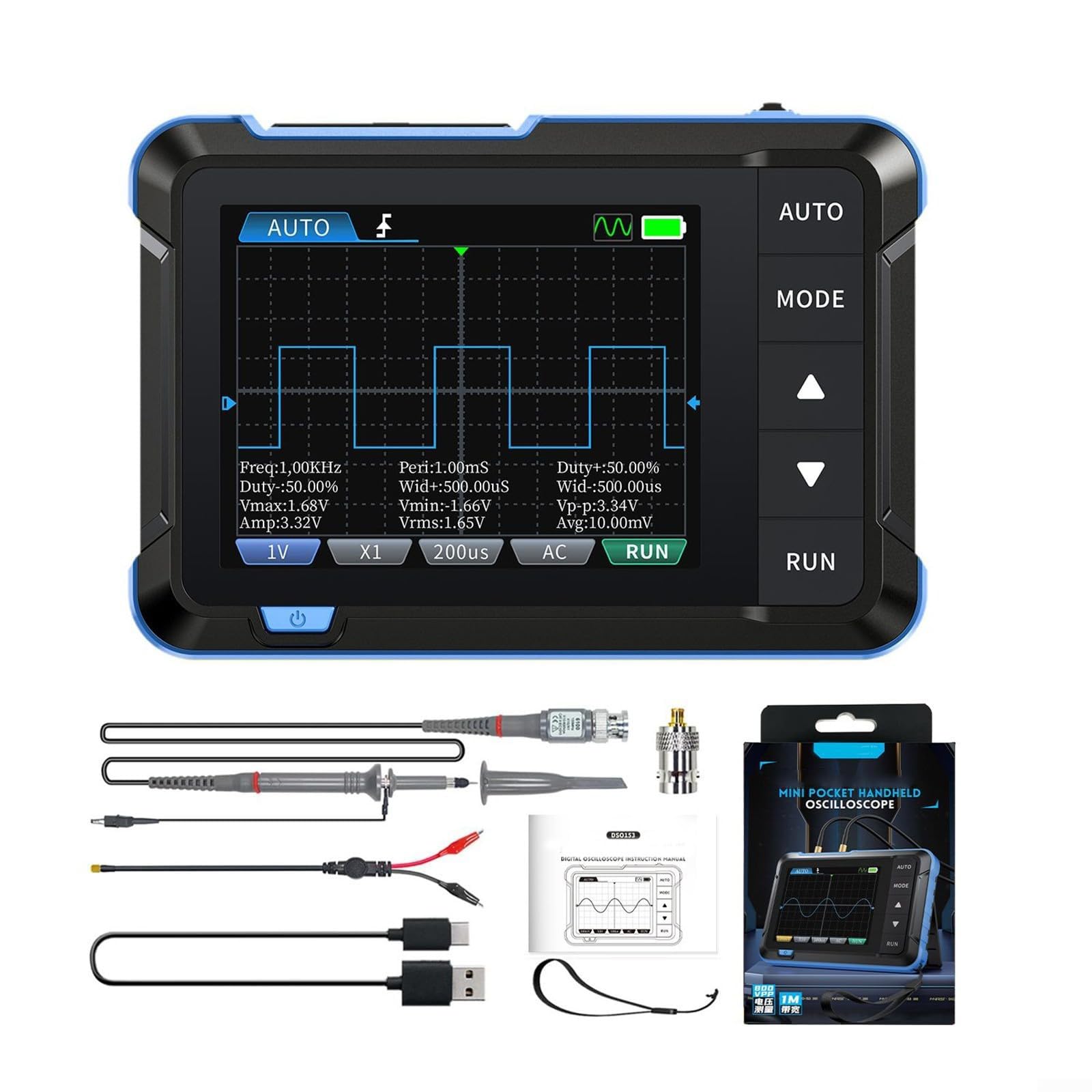 Oscilloscope de poche 5 MSa/s avec générateur de signaux et batterie 1000 mAh intégrée via Type-C