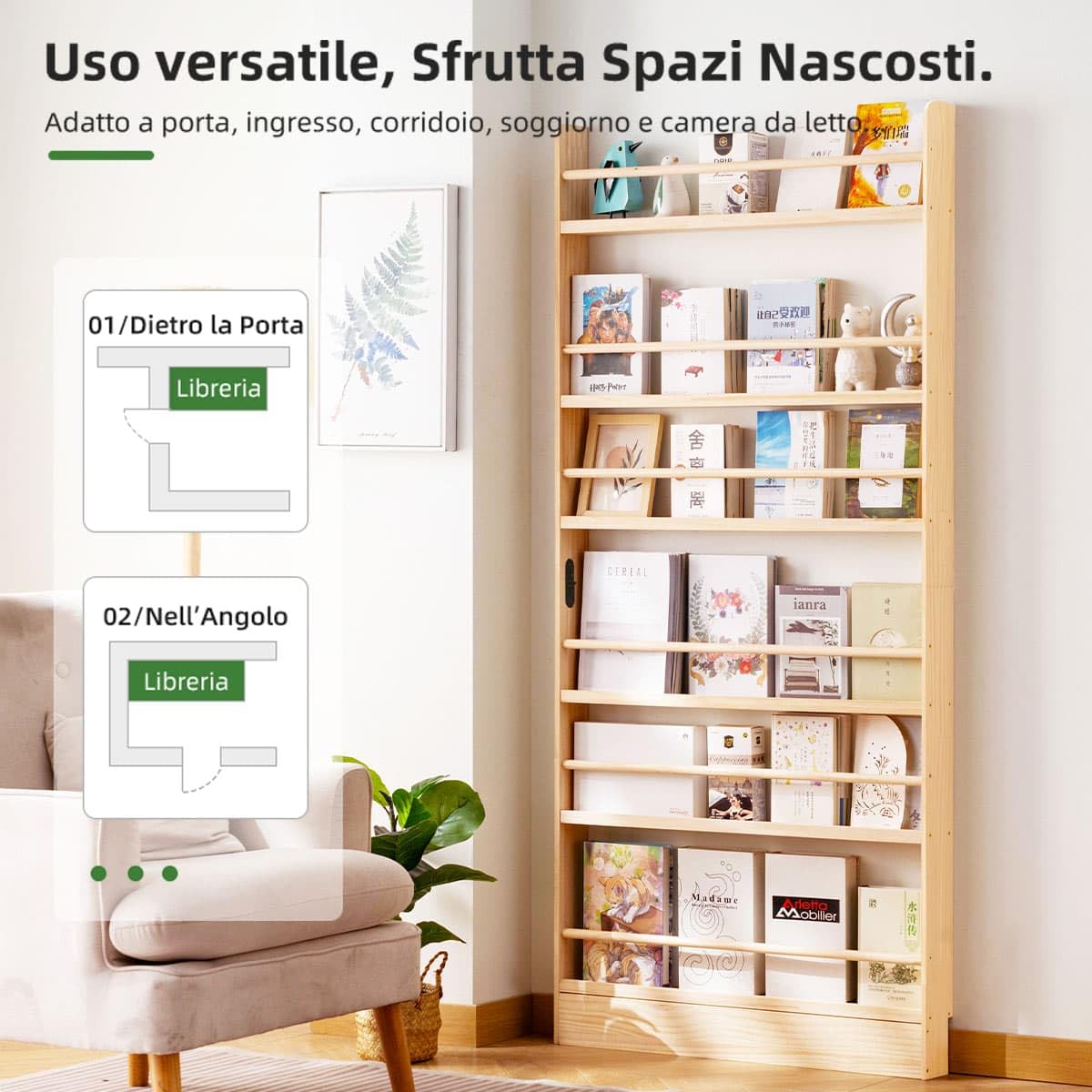 Libreria in Legno Massello con 5 Ripiani, Salvaspazio | Scaffale Porta Libri Verticale Slim con Barra Anticaduta| Profondità 10 cm per Cameretta e Soggiorno
