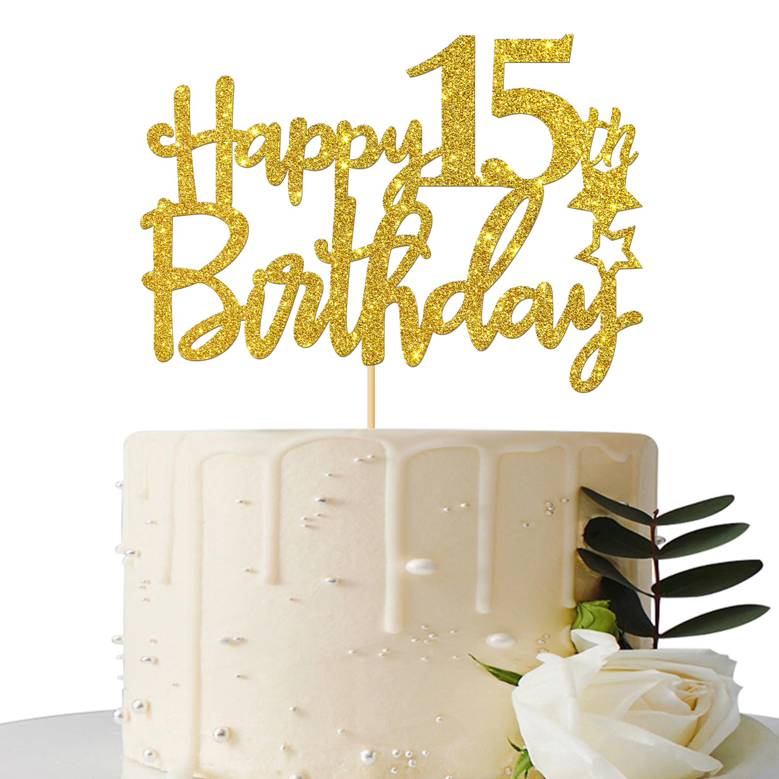 Gold Glitter Happy 15th Birthday Cake Topper - 15 Sign Cake Topper - Cheers to 15 Years Party Supplies - 15th Birthday Party Decoration