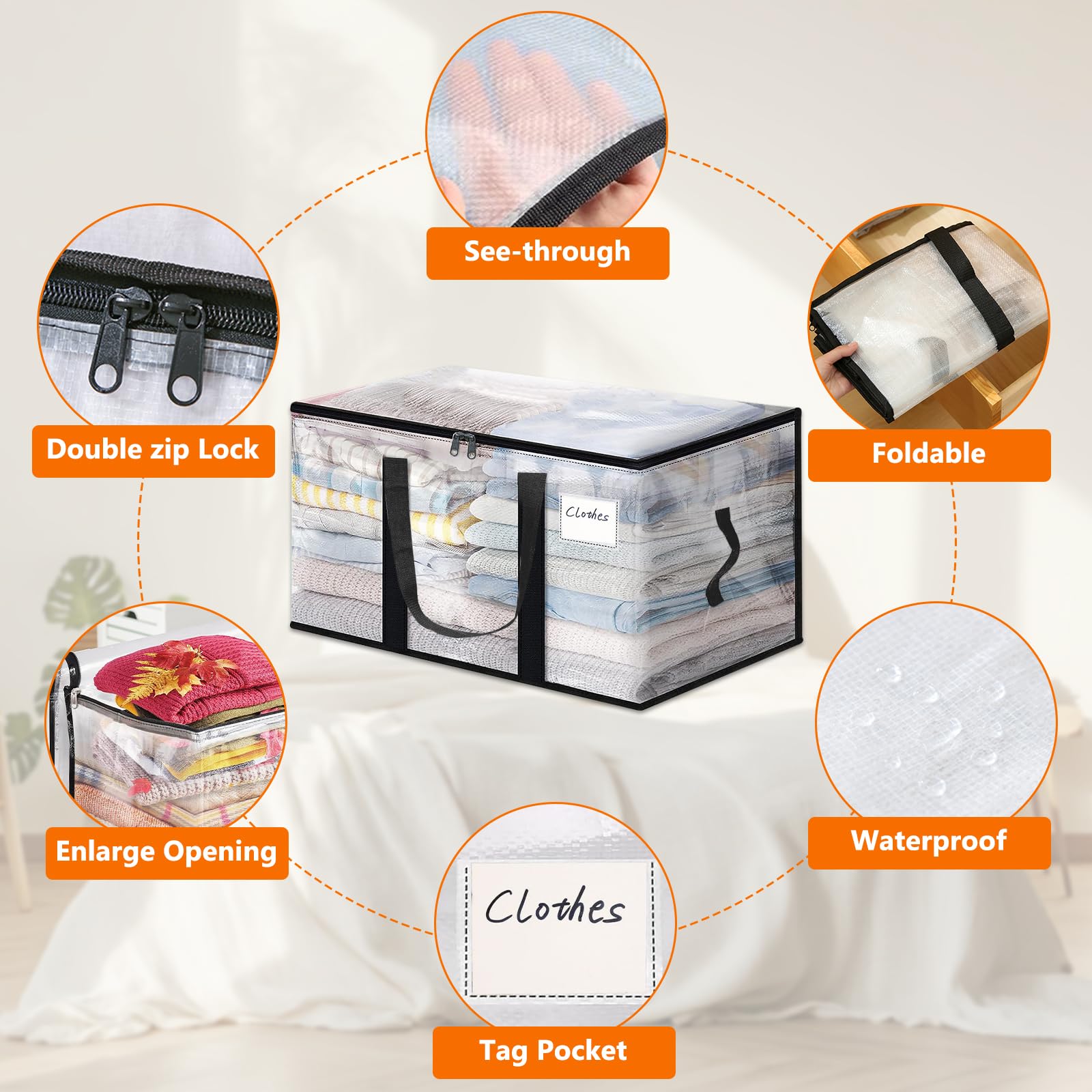 Lot de 5 Grand Sac De Rangement Vetement, 100L Boite Rangement Vetement en Transparente, Housse de Couette Pliable avec Poignées pour Demenagement, Vêtements, Couvertures, Jouets, Livres