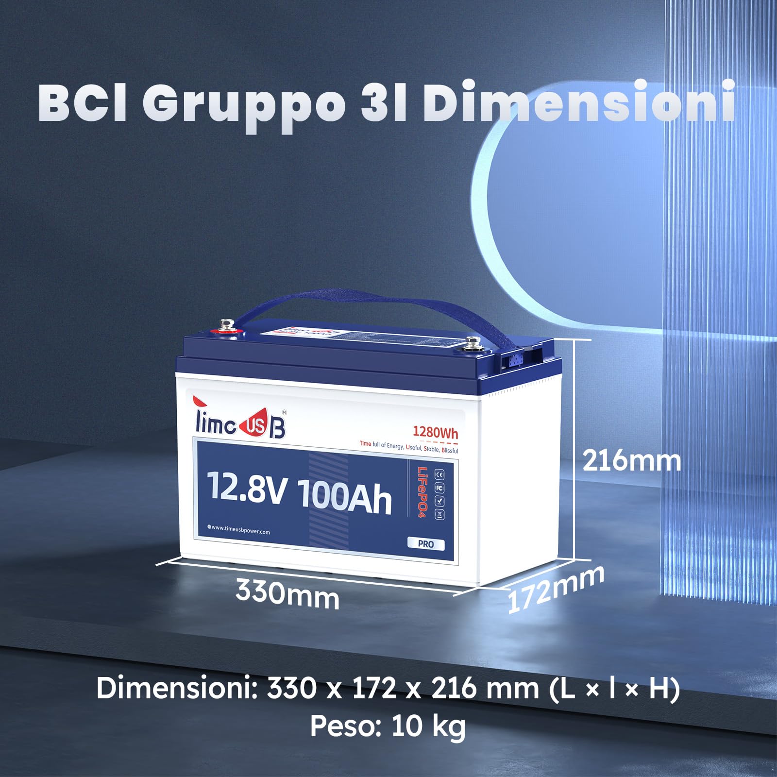Timeusb Batteria al Litio 12V 100Ah Batteria LiFePO4, BMS 100A Incorporato, Fino a 15000 Cicli Profondi,1280Wh Perfetta per Fotovoltaico Camper Sistemi di casa Solare e Applicazioni