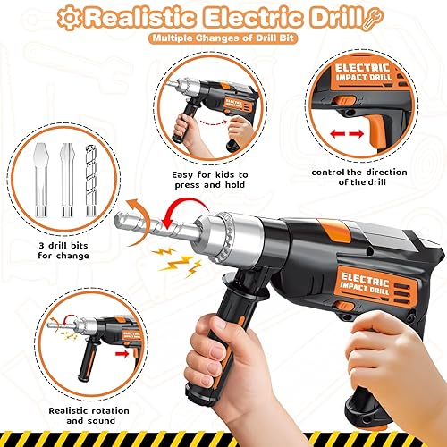 Miniatura 6 de Juego de herramientas para niños con taladro de juguete electrónico, 41 herramientas de juguete realistas con caja de herramientas para niños