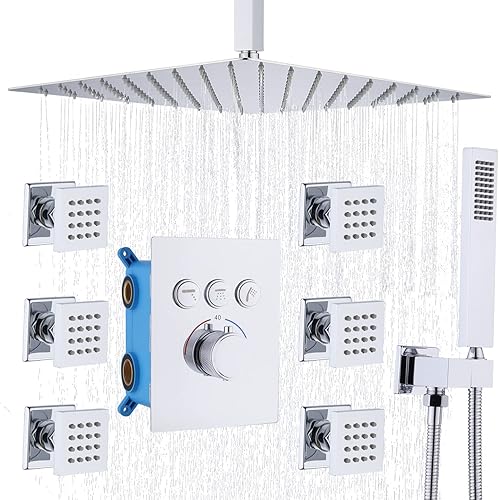 Enga Ducha de lluvia de 16 pulgadas con chorros, sistema de ducha termostática con rociadores corporales, grifo de ducha de metal, todos los