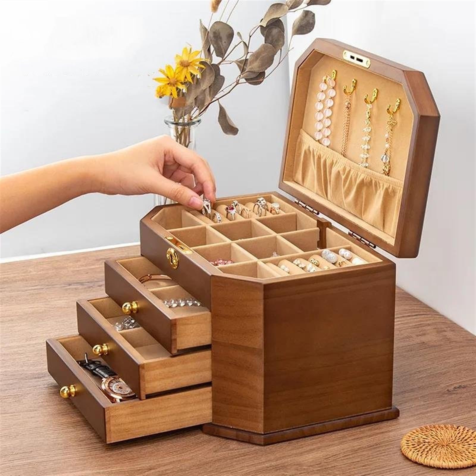 Caja para Anillos de Madera Maciza, Almacenamiento de Joyas con Cerradura, Pendientes y Collares, Gran Capacidad, Cajas Sencillas de Estilo Vintage para joyería.