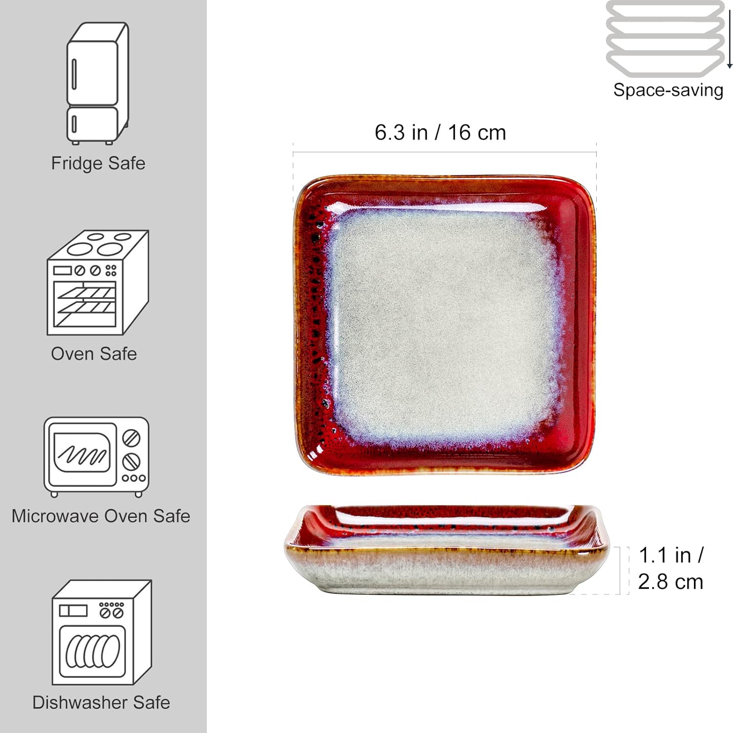 Square Dessert Plates Set of 4, 6 Inch Ceramic Appetizer & Side Plates