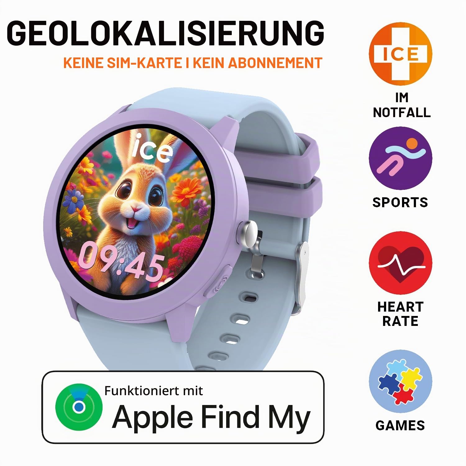 Ice-Watch – ICE smart junior RD Find My Purple soft blue –Lila Smartwatch mit Standortbestimmung für Mädchen mit Silikonarmband – 025442 (39 mm)–Kompatibel mit Find My, ohne Vertrag und ohne SIM-Karte