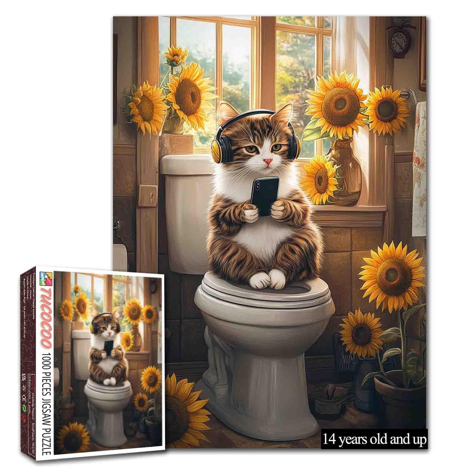 1000-teiliges Puzzle Süße Katze auf der Toilette mit Sonnenblumen“ im Landhausstil anspruchsvolle Kunst für Erwachsene, Jugendliche, Familienaktivitäten Spiele, farbenfrohes DIY-Bastelpuzzle