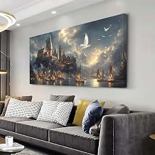 ZESTRILIA Magical Castle Harbor Wall Art Canvas Painting Prints Glowing Sails Doves Artwork Office Bedroom Living Room Decor 40x20 Inches