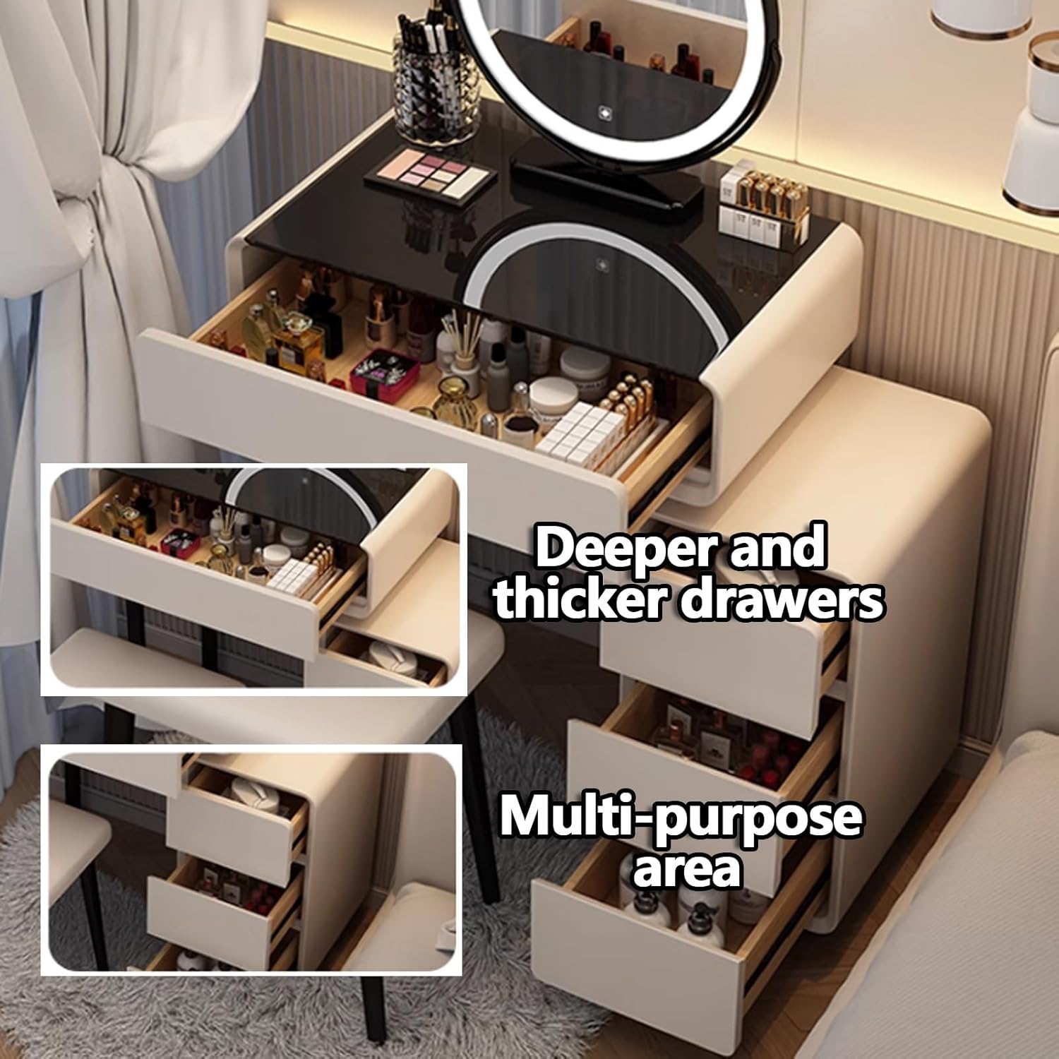 Vanity Desk with Mirror and Lights, Dressing Table with Drawers, Small Vanity Table for Bedroom, Free Retractable Side Cabinet,Makeup Vanity with Storage Drawers and Stool, for Small Space