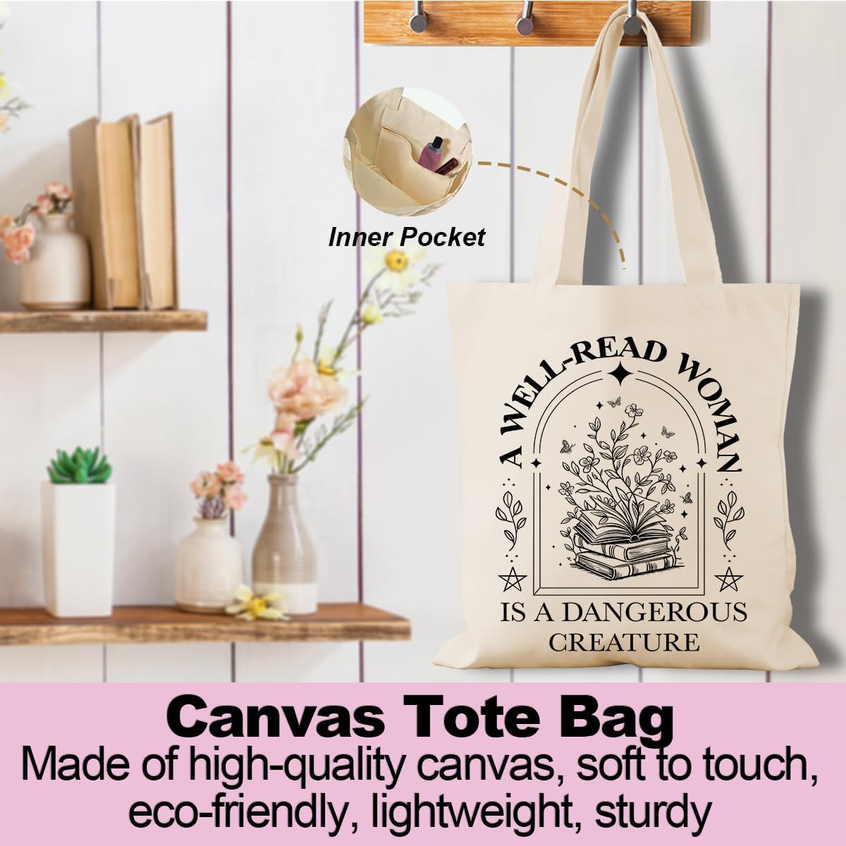 jeilink Cute Aesthetic Canvas Tote Bag Book Lovers Gifts for Women Book Lovers Teacher Reusable for Birthday Christmas image 4