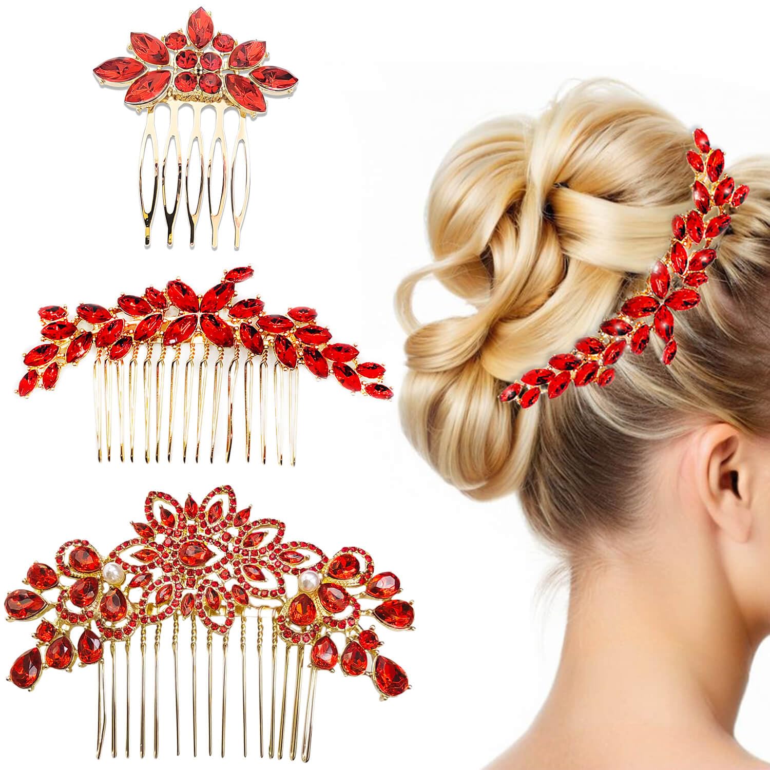 3 Pieces Bridal Hair Combs, Crystal Hair Combs, Bridal Bridesmaid Rhinestone Hair Accessories Party Headpieces (Red)