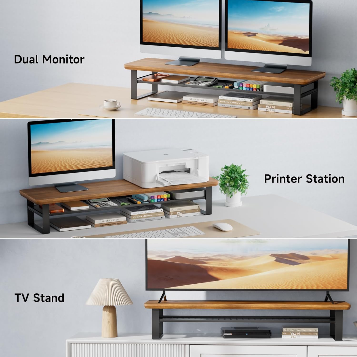 Dual Monitor Stand, 35.4 Inch Monitor Stand Riser for 2 Monitors, 2 Tiers Wood Desk Shelf with Storage, Desktop Organizer Stand for Computer, Laptop, Printer, TV