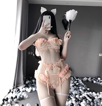 YOMORIO Anime Lingerie Sexy Orange Lace Ruffle Lingerie with Garter Belt