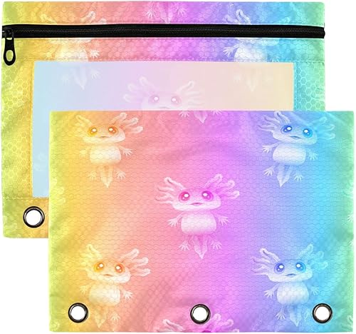 Miniatura 1 de Estuche para lápices Rainbow Axolotls para carpeta de 3 anillos con cremallera, estuche a granel con ventana transparente para lápices para