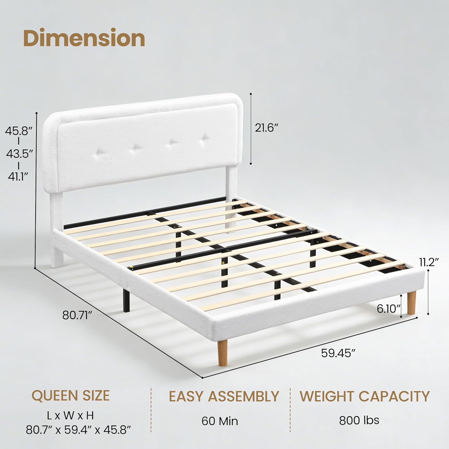 Queen Size Cloud Bed Frame with Adjustable Upholstered Headboard, Modern Soft Queen Platform Bed with Boucle Fabric, Aesthetic Bed Easy Assembly, Wood Slats, No Box Spring Needed (White)