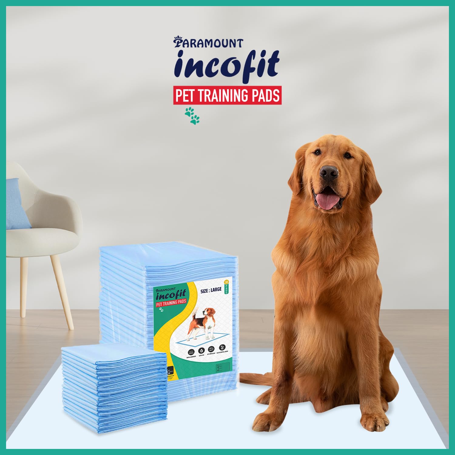 Incofit Pet Training Pads 60 X 90 cm Extra Large 30 Counts with Leak-Proof Quick-Dry Design, 5 Layered Leak Proof, Potty & Peeing Toilet Trainer, Non Slippery