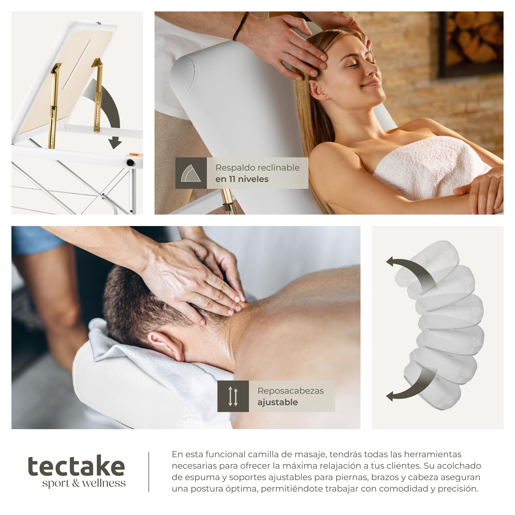 tectake® Camilla de Masaje Plegable de Aluminio, Estética Profesional para Quiromasaje, Tatuajes, Reiki y Fisioterapia - Altura Ajustable, 3 Zonas, con Bolsa de Transporte - Blanco