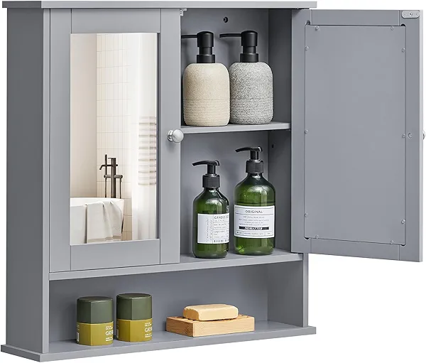 VASAGLE Bathroom Cabinet with Mirror, Wall Cabinet with 2 Mirrored Doors, Adjustable Shelf, Open Compartment, Wall-Mounted, 5.1 x 22.2 x 23 Inches, Dove Gray ULHC002G02 5.1"D x 22.2"W x 23"H