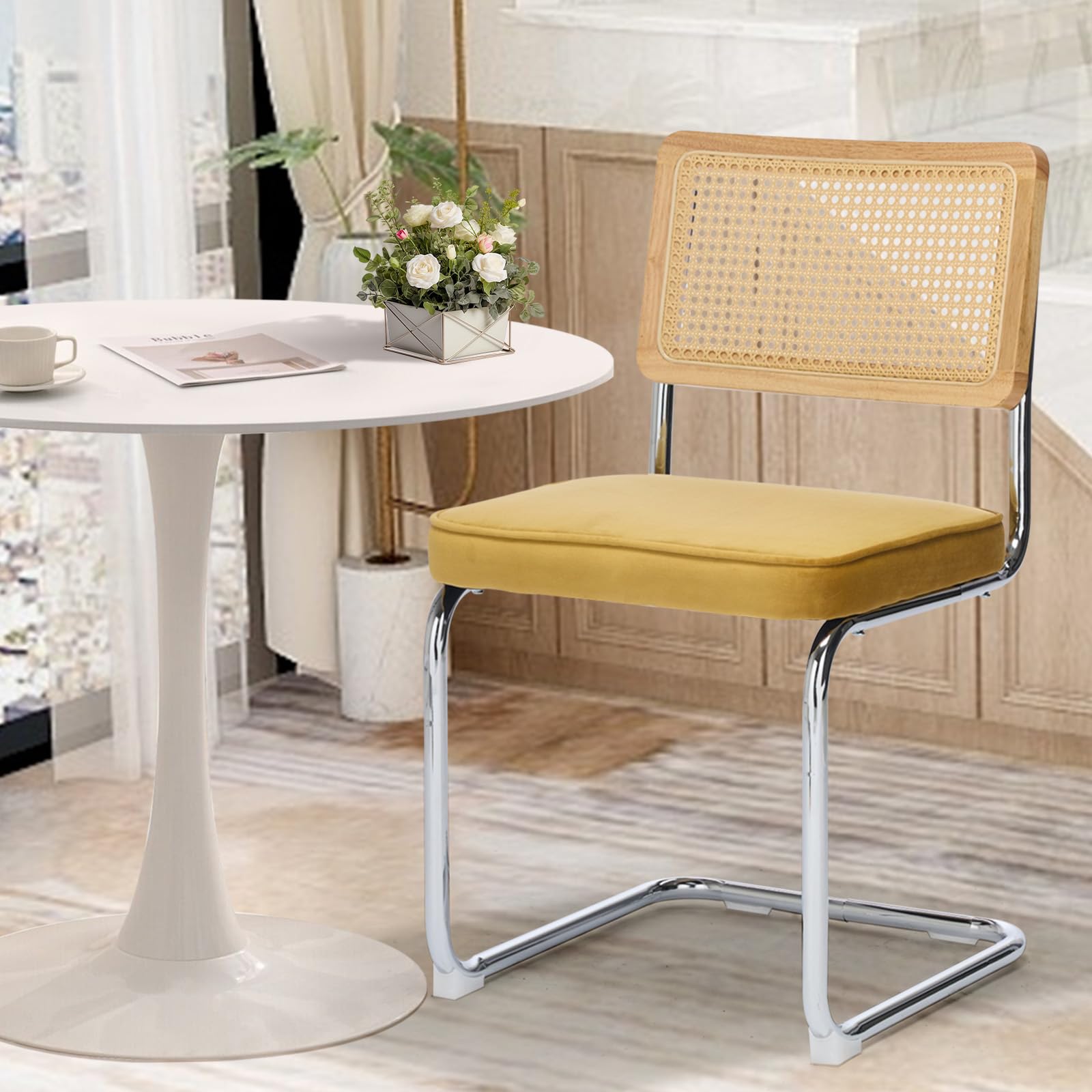Juego de 2 sillas de Comedor Estilo Breuer con Respaldo de ratán y Estructura de Acero para Cocina e Isla Central (Terciopelo Dorado)