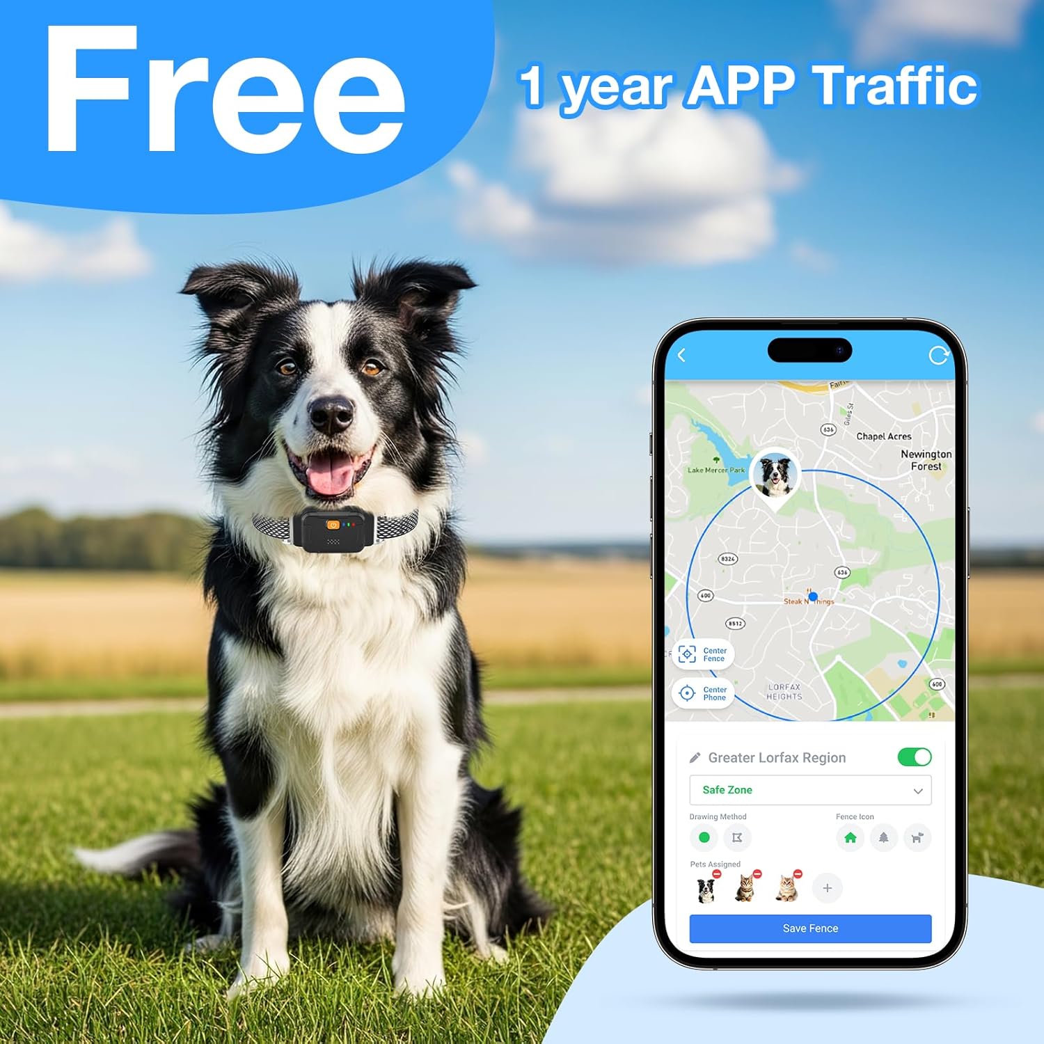 AOZOOM Electric Dog Fence, Wireless Virtual Fence Dog Collar, Smart GPS Dog Collar, GPS Pet Tracker with App-Supported, Custom Irregular Fences, Pet Locator-Black