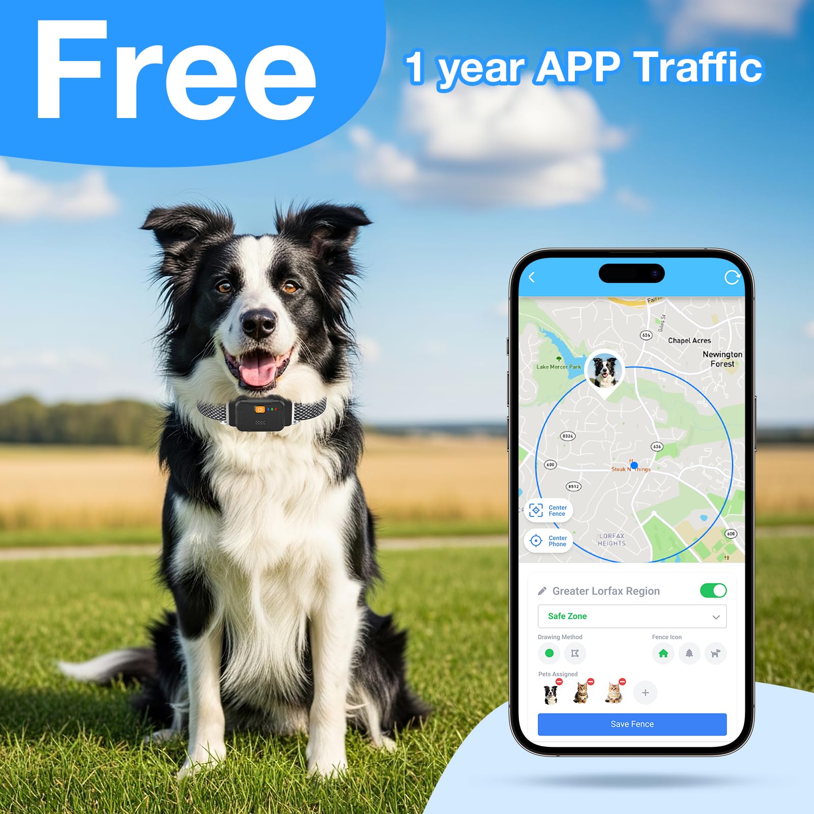 Valla eléctrica para perro, collar de perro con valla virtual inalámbrica, collar inteligente para perro con GPS | AOZOOM Rastreador GPS para mascotas con aplicación, cercas irregulares personalizadas, localizador de mascotas, color negro