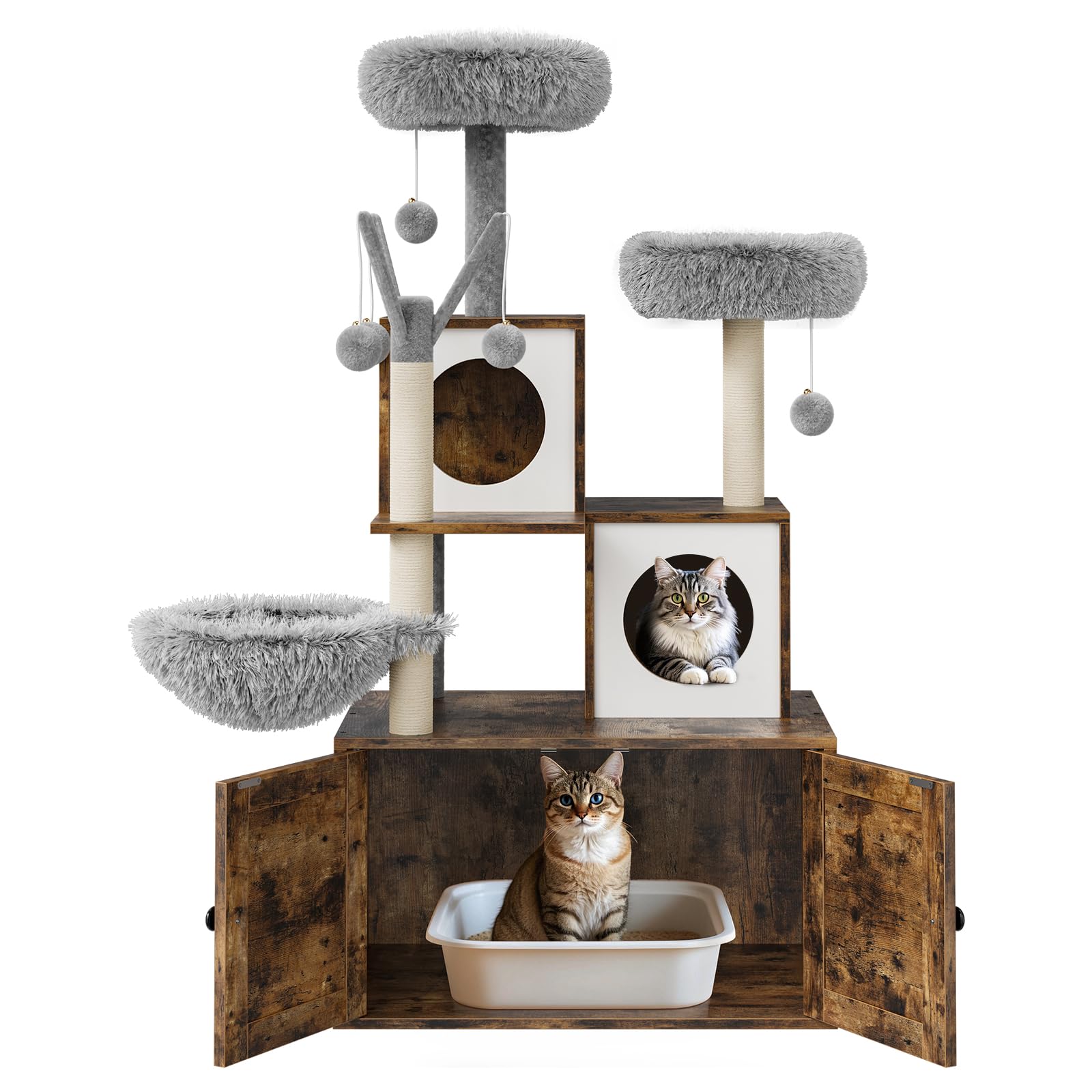 Recinto Per Lettiera Con Torre Tiragraffi, Mobile Per La Toilette Del Gatto Con Tiragraffi e Trespolo Imbottito, Mobile in Legno Per Gatti Con Piattaforme Multiple
