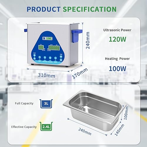 Miniatura 4 de DK SONIC Limpiador ultrasónico 3L, 120W profesional ultrasónico limpiador de joyas con calentador y temporizador, control digital y cesta, múltiples