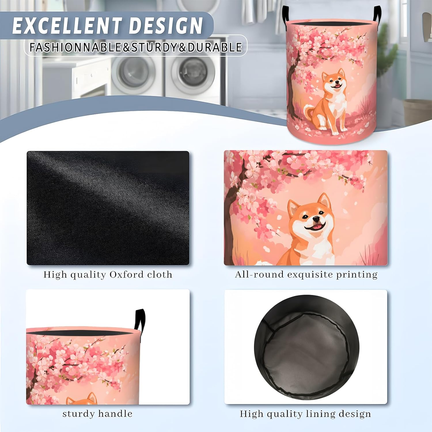 Shiba Inu Blossom Laundry Basket, Pink Tree Dog Art Storage Hamper, Round Collapsible Waterproof Cloth Bin, 19.7x15.7 Inch Cute Puppy Clothes Organizer Gifts for Bathroom Decor image 5