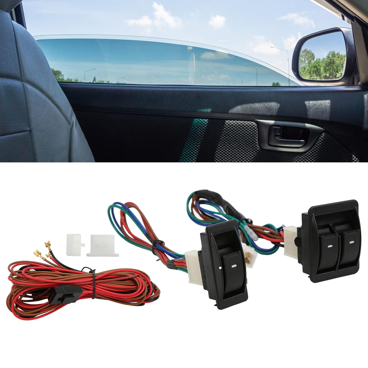 Universal Car Power Window Switch, Car Interior and Exterior Modification, 5Pcs Universal Car Power Electric Window Switch Regulator Kits with Wiring Harness for 2 Doors