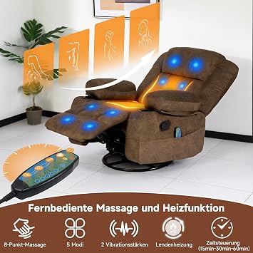 HAUSPROFI Recliner Massage Chair with Heat Function & Reclining Function - 360° Rotating Velvet TV Chair Electrically Adjustable with 1 Storage Compartment in the Armrest 2 Drink Holders & 6 Side